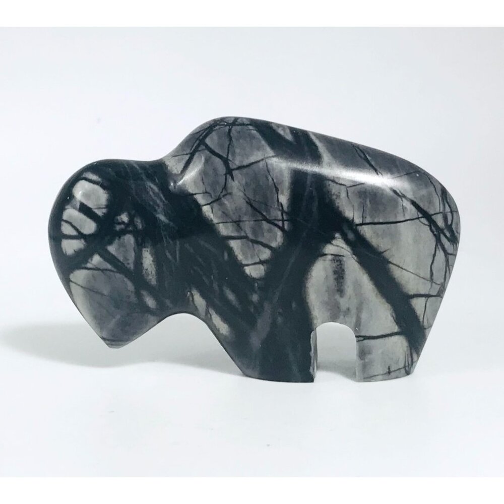 Carved Buffalo Fetish Black Picasso Marble Bison Figure Carving Handmade Stone
